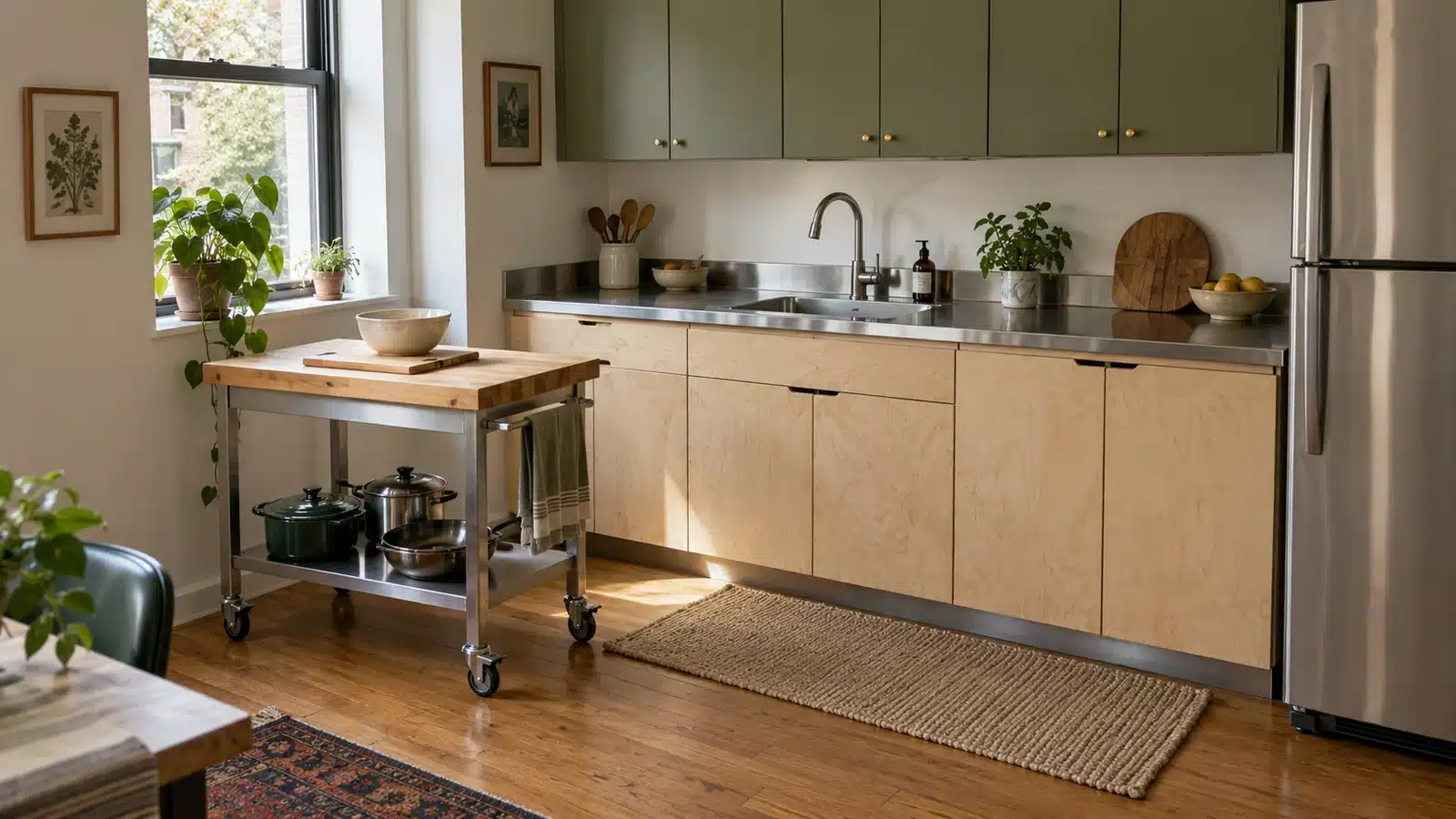 Wood-topped kitchen cart with a cutting board, bowl, and cookware below beside olive cabinets and a stainless-steel counter