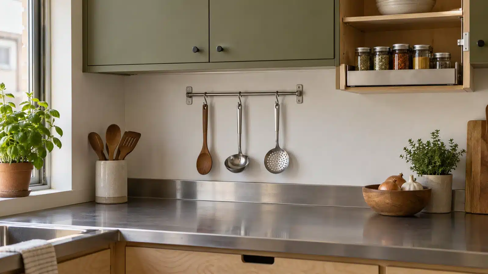 Three utensils hanging from a metal kitchen rail above a stainless-steel worktop, with spice jars in a tray inside an open cupboard