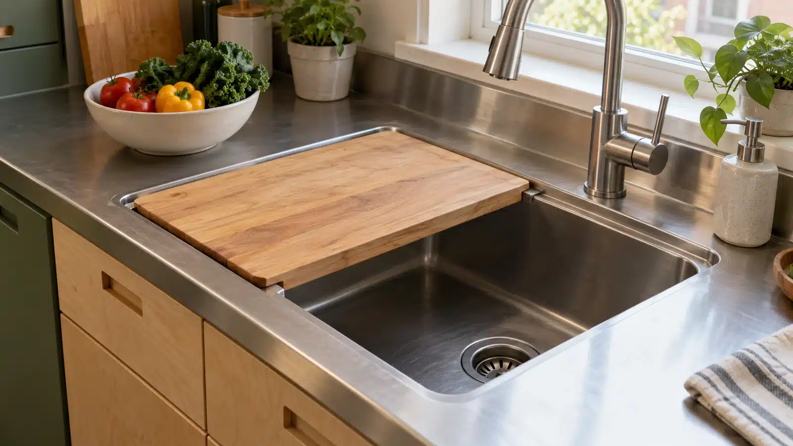 Removable wooden cutting board supported across part of a stainless-steel sink, with faucet and uncovered basin beside a bowl of vegetables