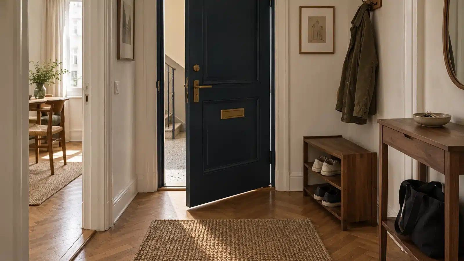 Compact navy-door apartment entrance with walnut shoe rack, key dish, and daily canvas bag