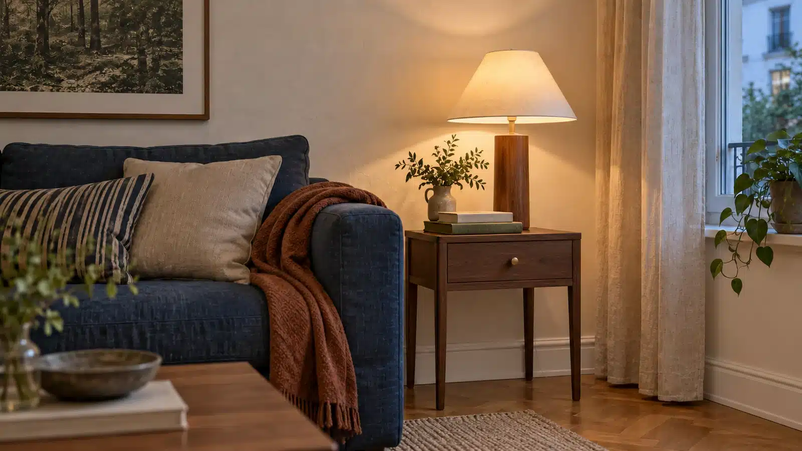 Warm shaded reading lamp on a walnut drawer side table beside a navy sofa