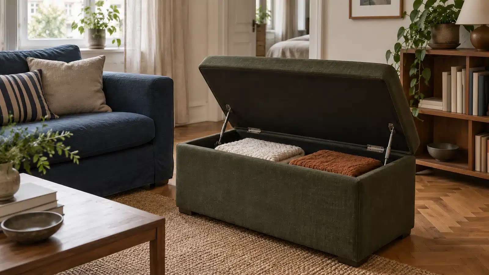 Open olive storage ottoman with cream and rust blankets beside a navy sofa