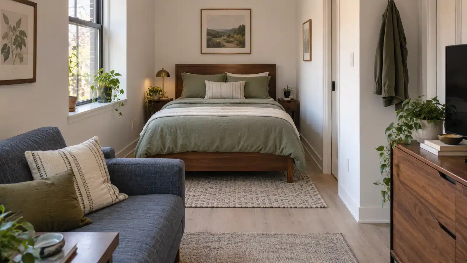 Studio bed with walnut headboard against a short end wall, side window, and blue-gray sofa in the living area