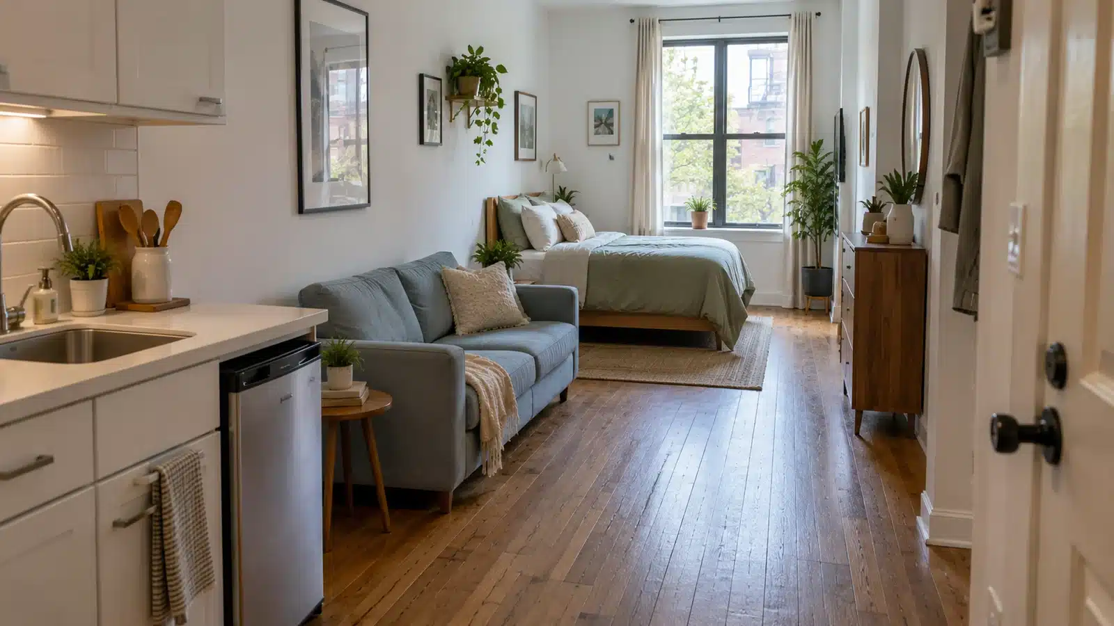 Long narrow studio apartment layout with a blue-gray sofa, sage bedding, and a clear side route
