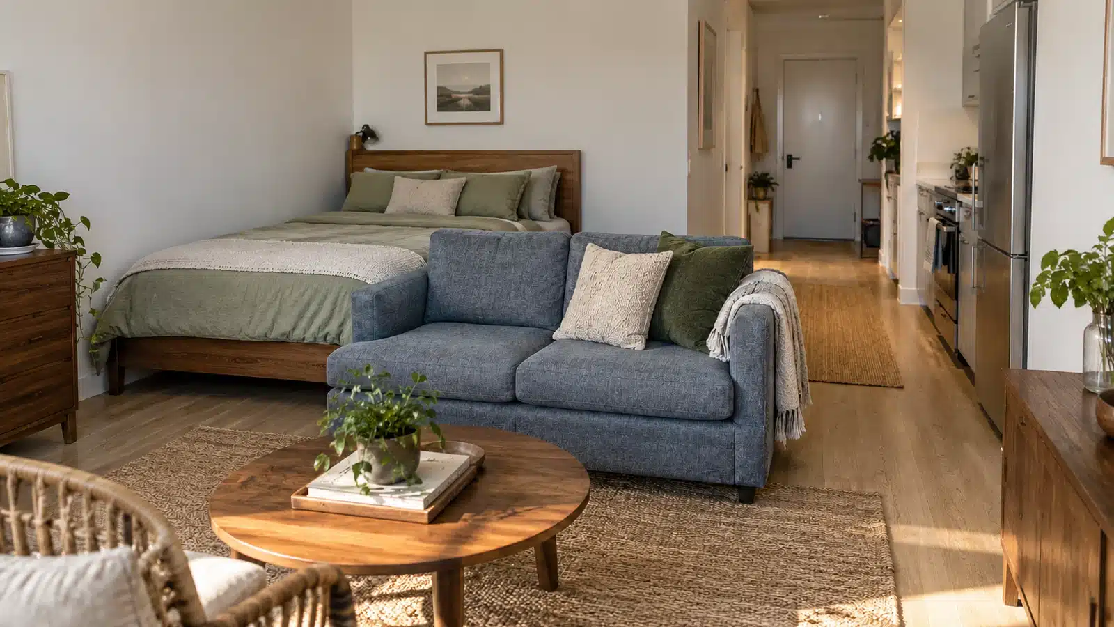 Blue-gray sofa defining a studio living corner in front of a sage bed with a clear passage beside the kitchen