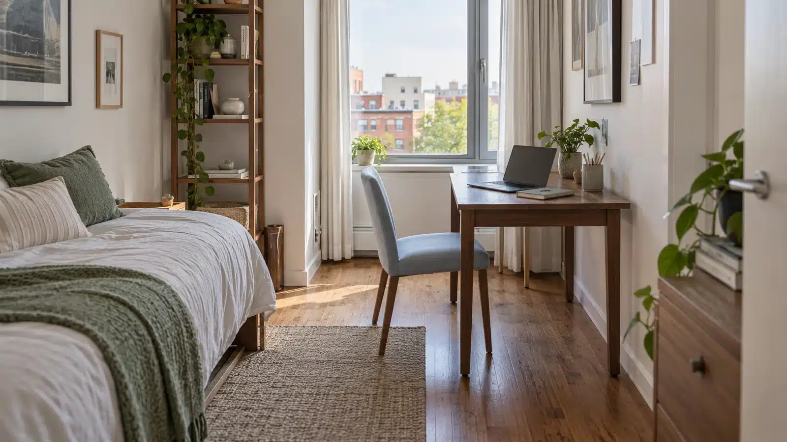 Walnut studio worktable beside an window, blue-gray chair, and bed along the adjacent wall