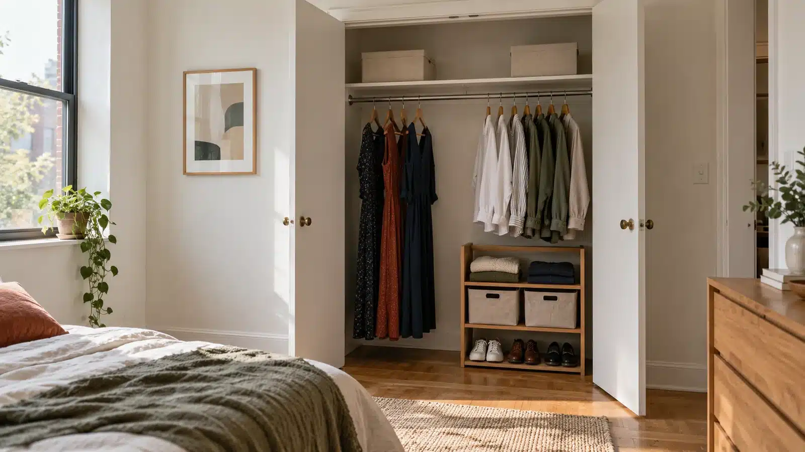 Small closet layout ideas: long dresses beside short shirts and a low freestanding oak organizer