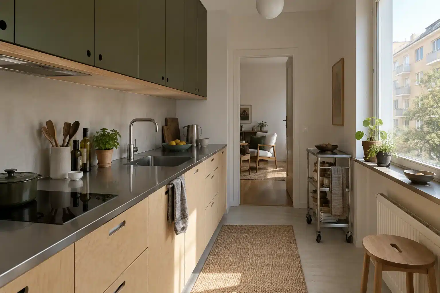 Small kitchen ideas illustrated by olive cupboards, a stainless-steel worktop, plywood lower cabinets, and a slim metal trolley beside a window