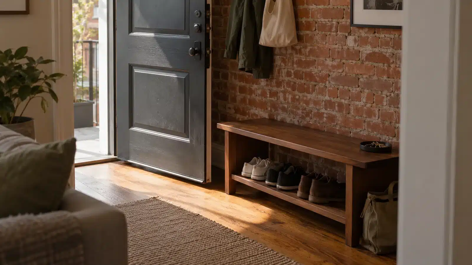 Shoe storage ideas for a small apartment illustrated by a walnut entry bench beside an open charcoal door and red brick wall