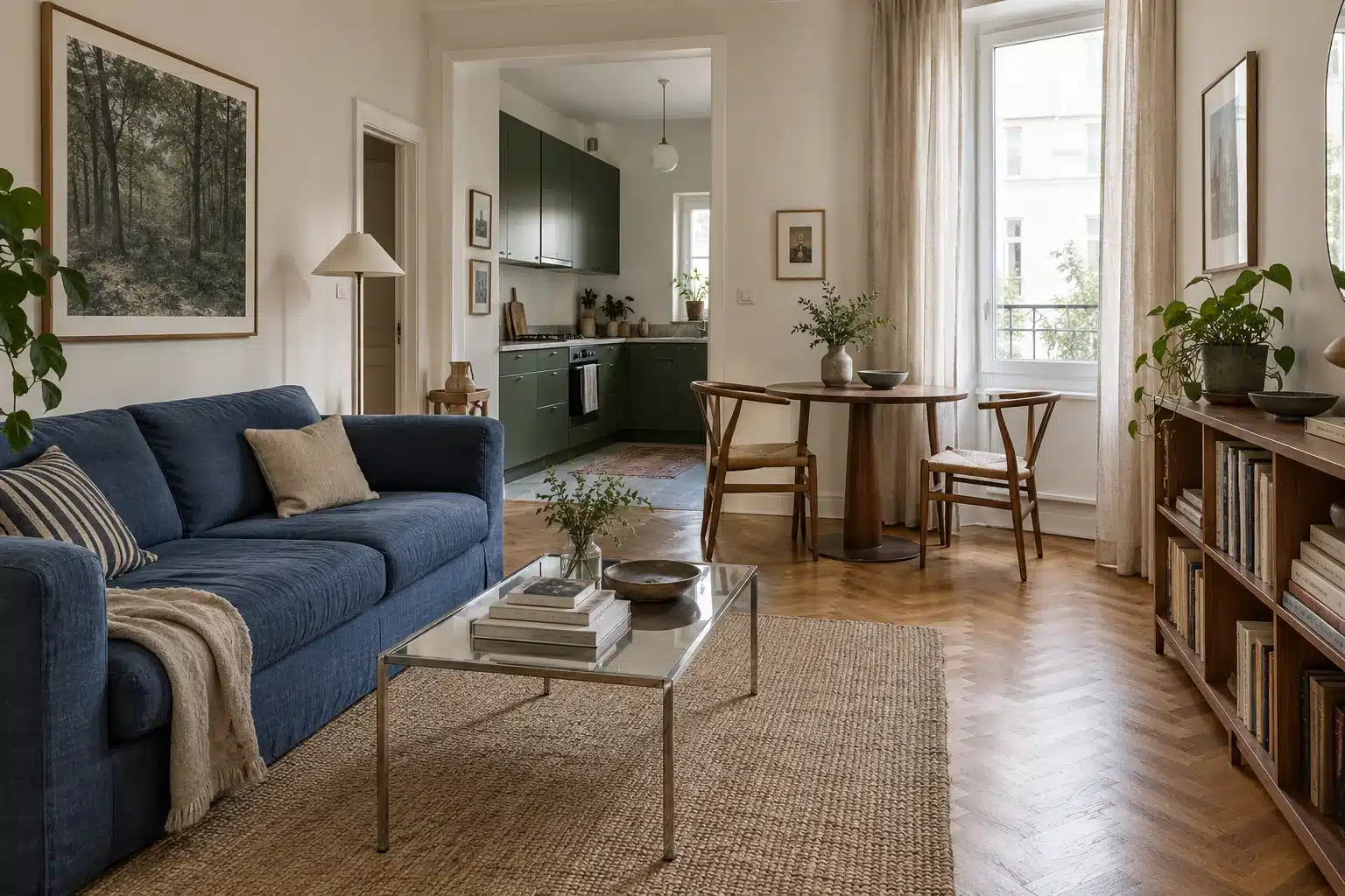 Cozy small apartment ideas with a navy sofa, walnut storage, parquet flooring, and a compact dining corner