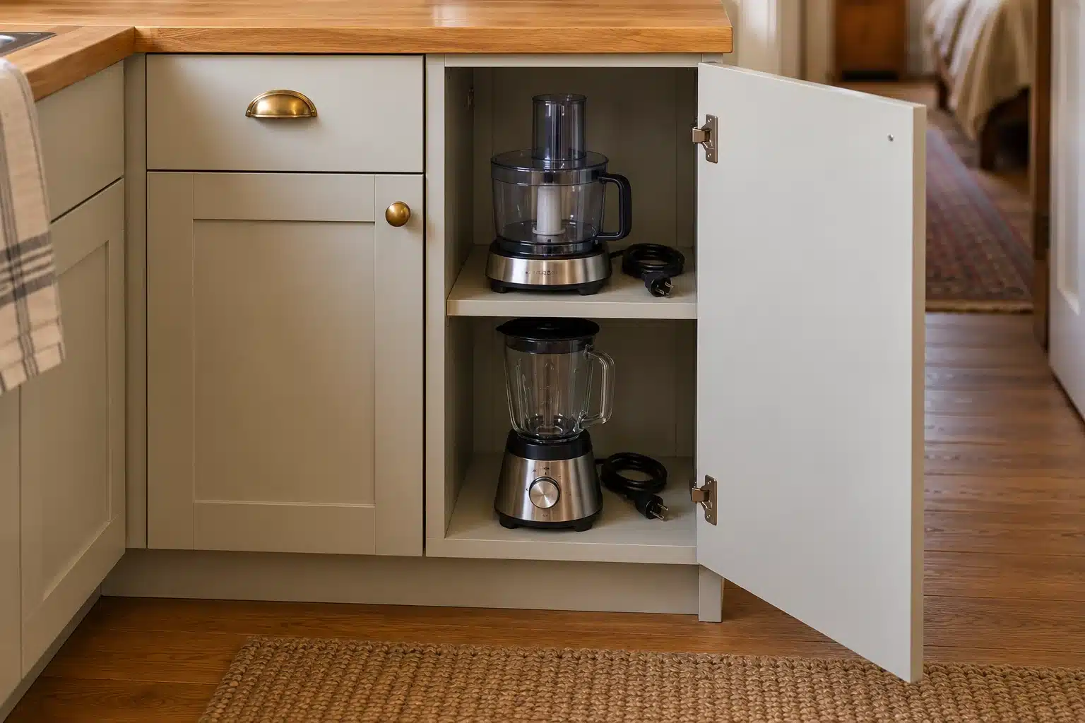 Illustrated unplugged appliances stored with neatly coiled cords inside a cupboard