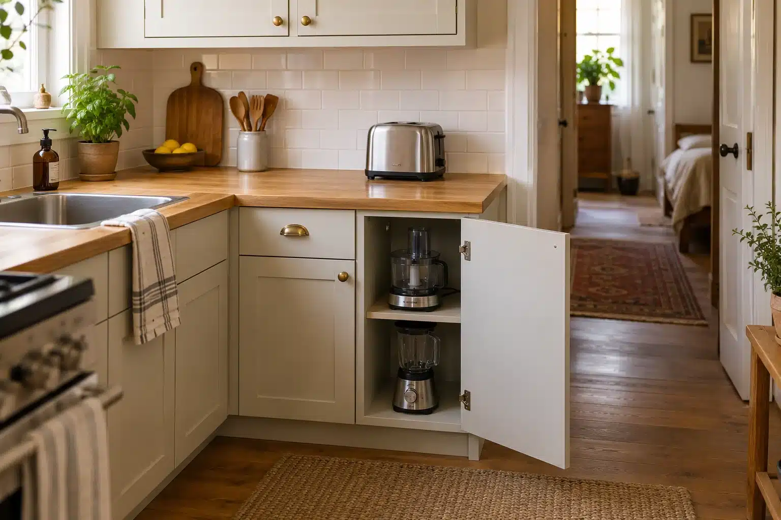 Illustration of small kitchen appliance storage in an open lower cupboard