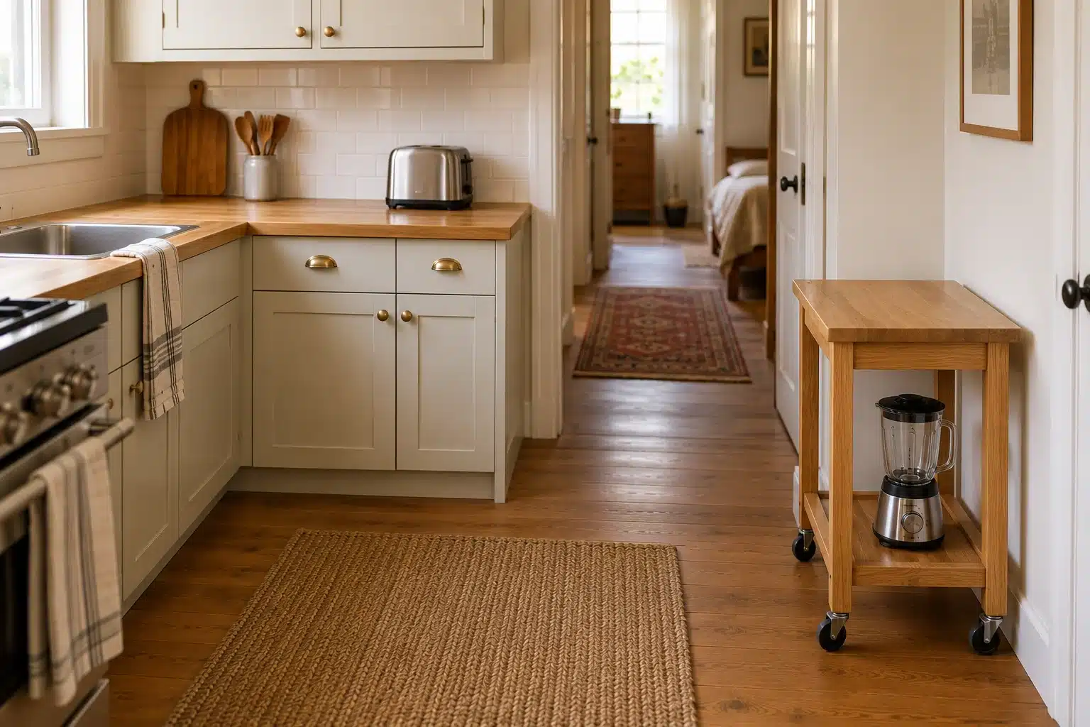 Illustration of an appliance storage cart parked beside the kitchen outside the walking route