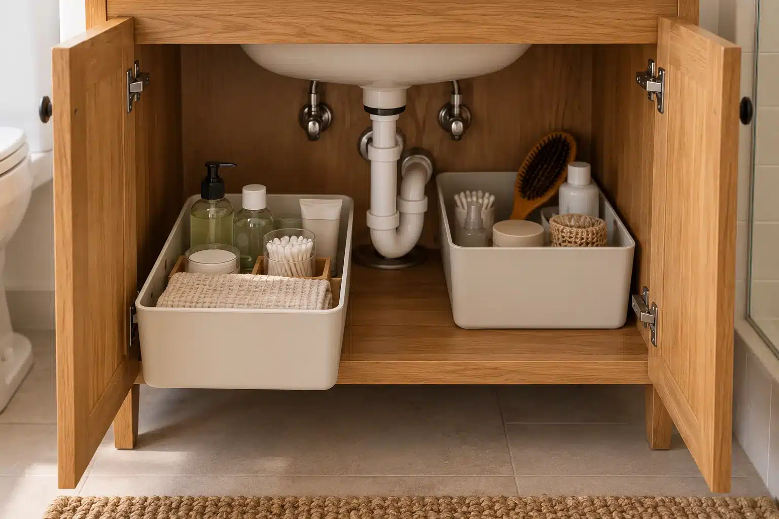 Illustrated low toiletry bins placed beside bathroom sink plumbing
