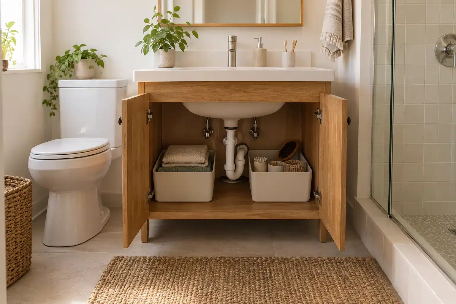 Illustration of small bathroom under-sink storage inside a compact vanity