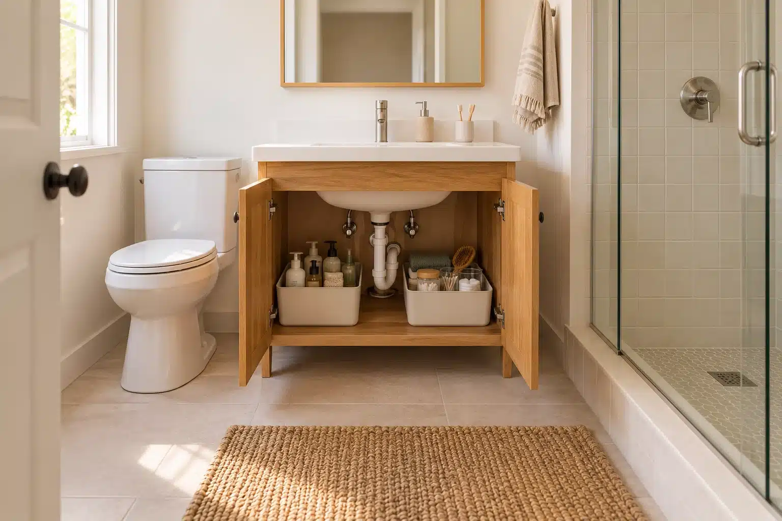 Illustration of a vanity door open with clear access to the stored toiletries