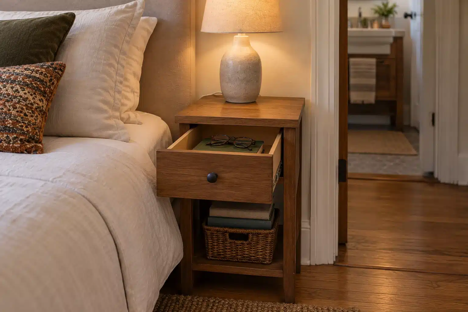 Illustration of a slim bedside drawer holding everyday essentials beneath a reading lamp