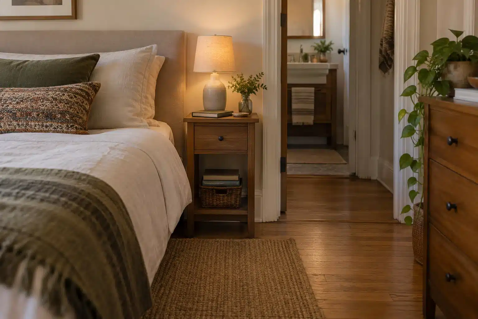 Illustration of nightstand alternatives for a small bedroom with a narrow table beside the bed