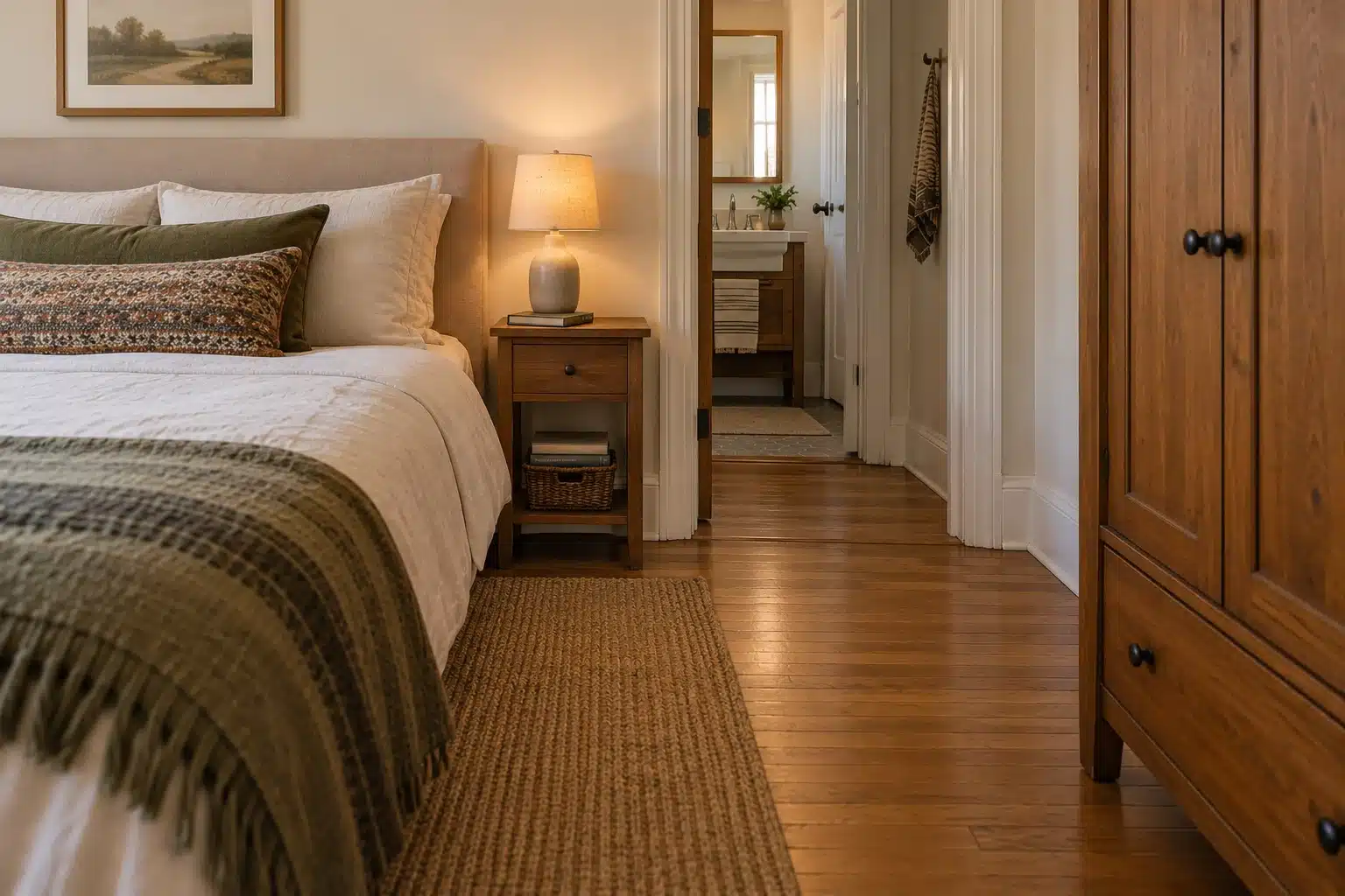 Illustration of a bedroom route beside a compact bedside table