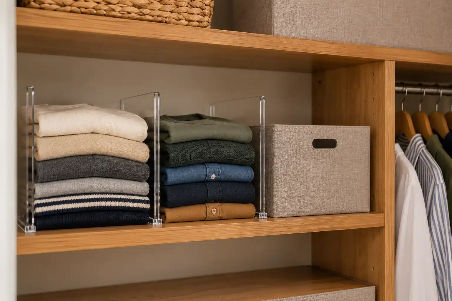 Illustration of folded shirts separated by shelf dividers in a compact closet