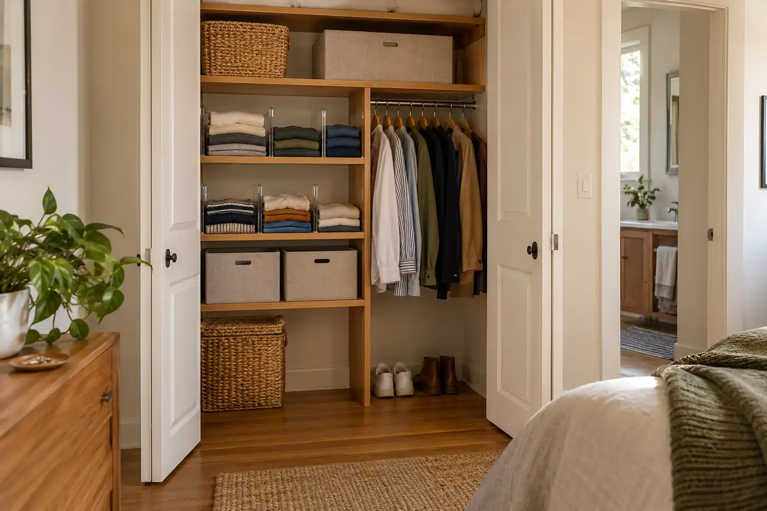 Illustration of closet shelf organization for folded clothes with short stacks and shallow bins