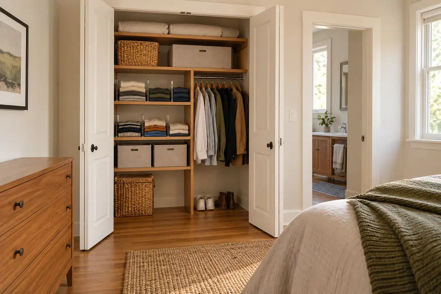 Illustration of reachable closet bins holding folded clothes