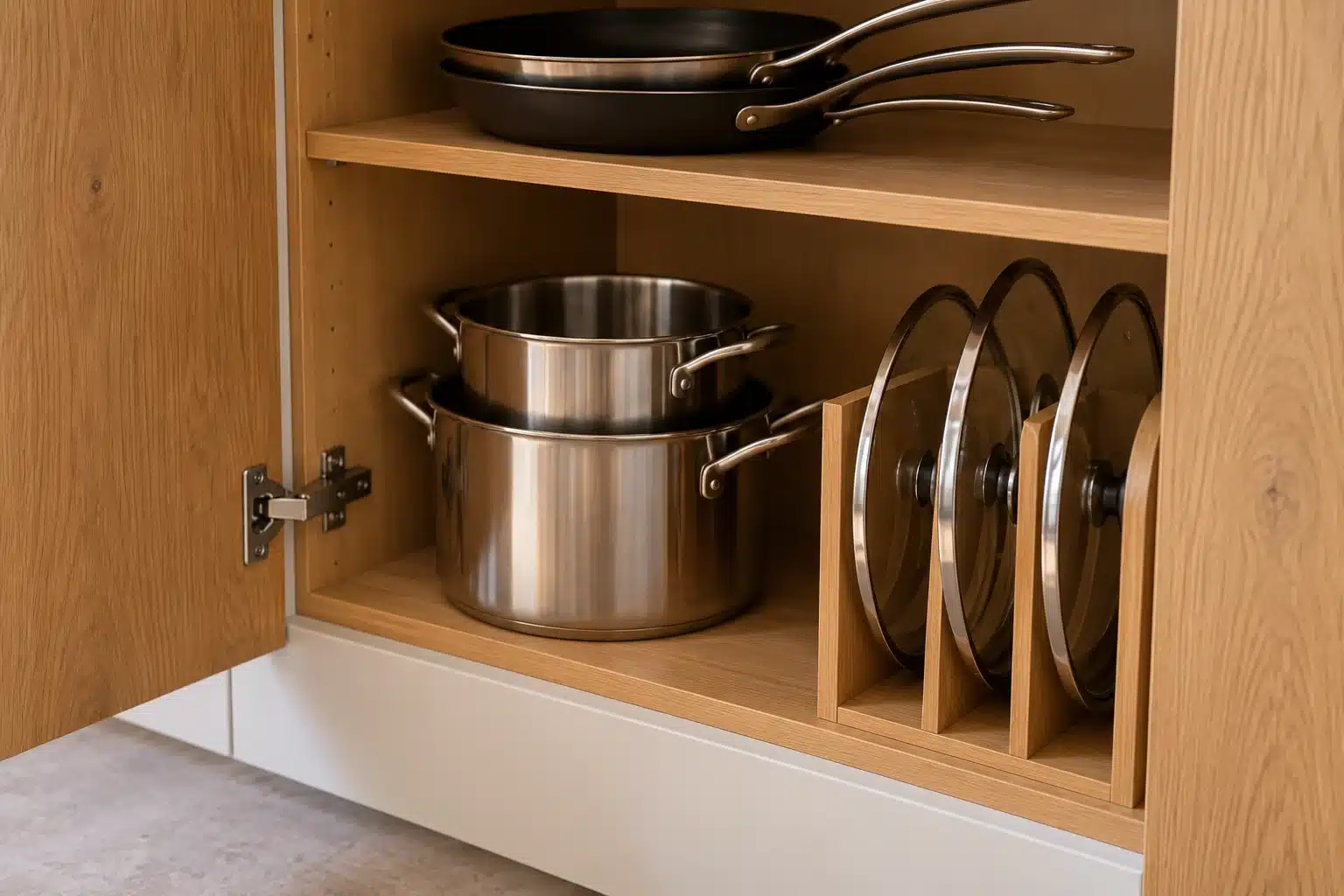 Illustrated upright pan lids separated in a low cabinet divider