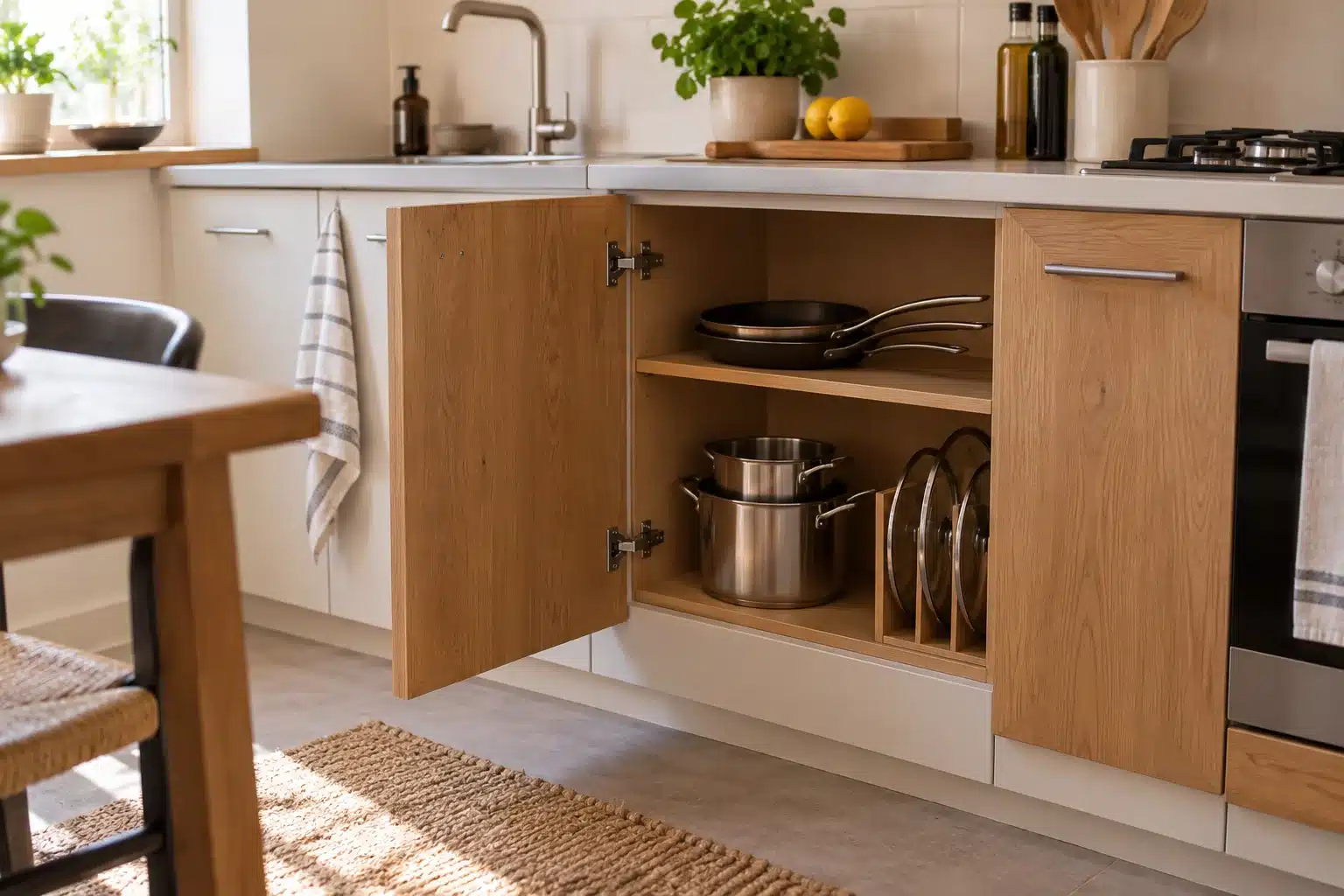 Illustration of pots and pans storage for small kitchens in an open lower cabinet