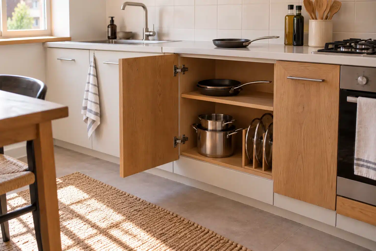 Illustration of accessible cookware with pan handles facing the cabinet opening