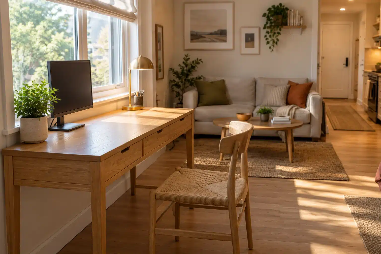 Illustration of a studio desk beside a window with space for the chair to move backward