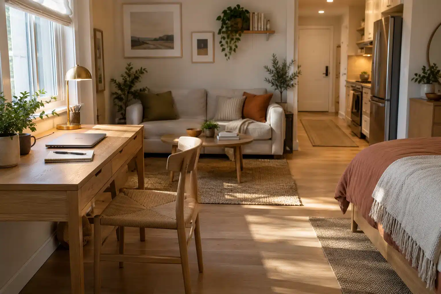 Illustration of a desk in a studio apartment beside a window with a separate sofa and bed zone