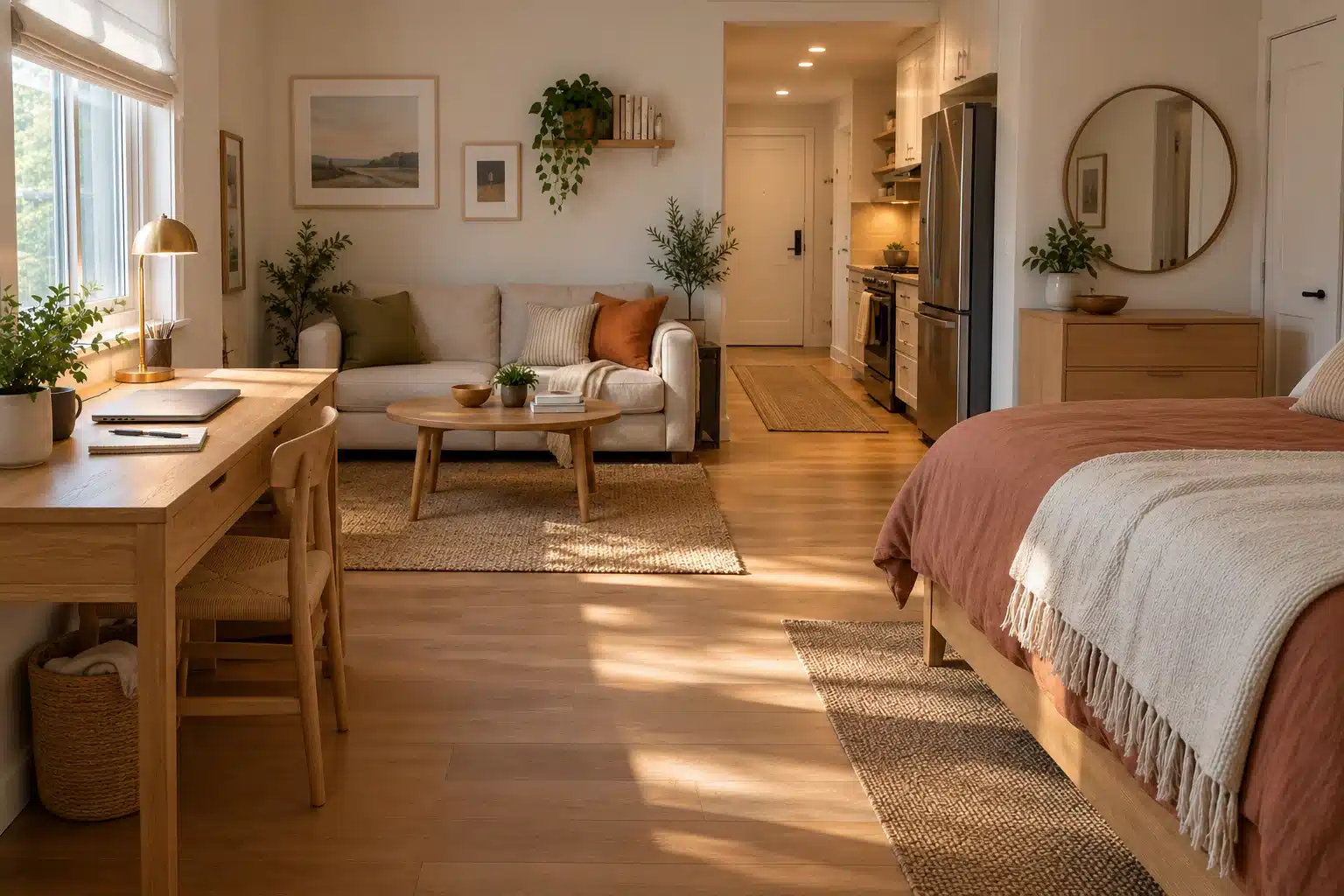 Illustration of a studio living zone with a sofa and a desk tucked against the adjacent wall