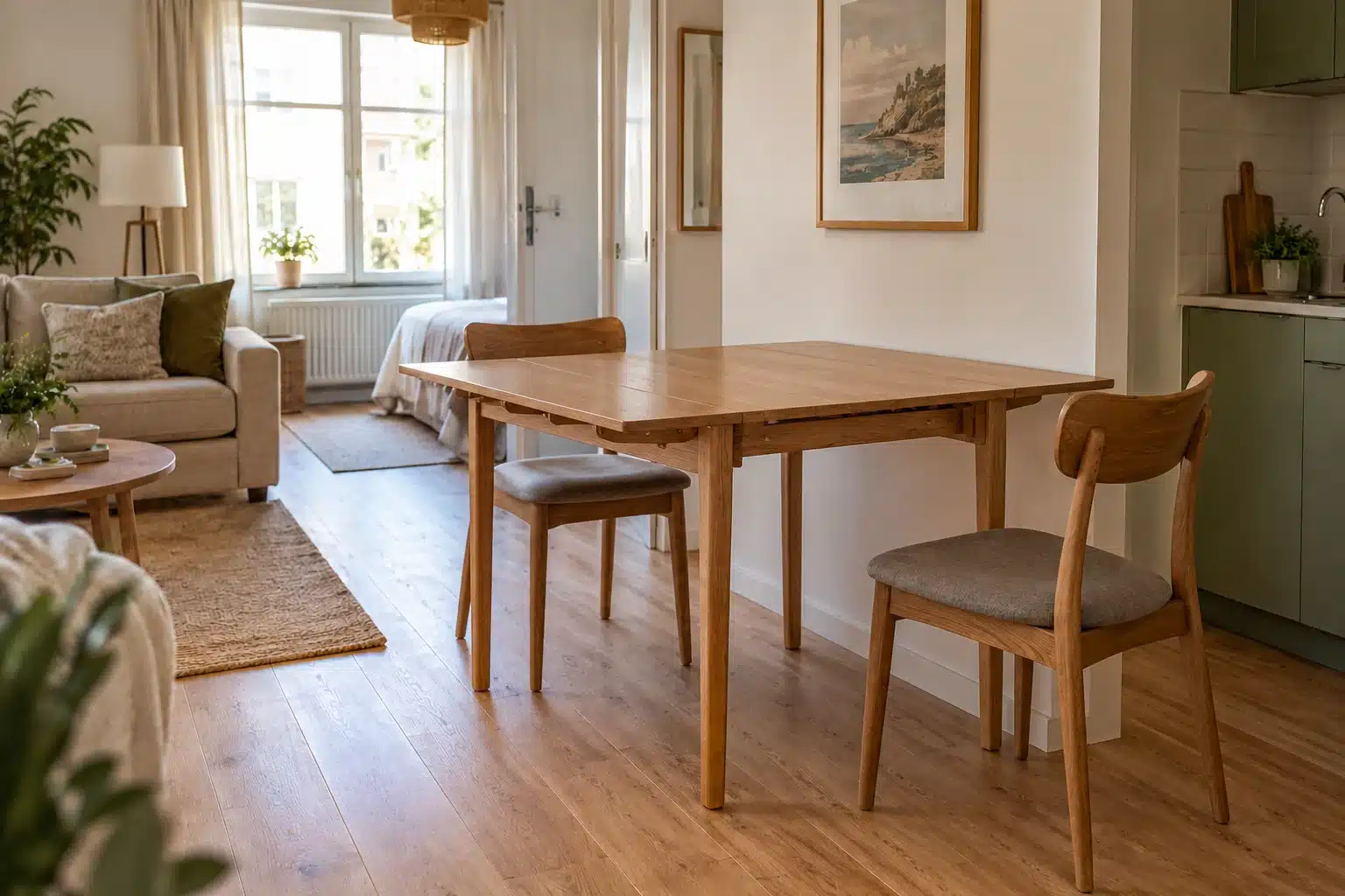Illustration of an open drop-leaf table with two dining chairs and space beside them