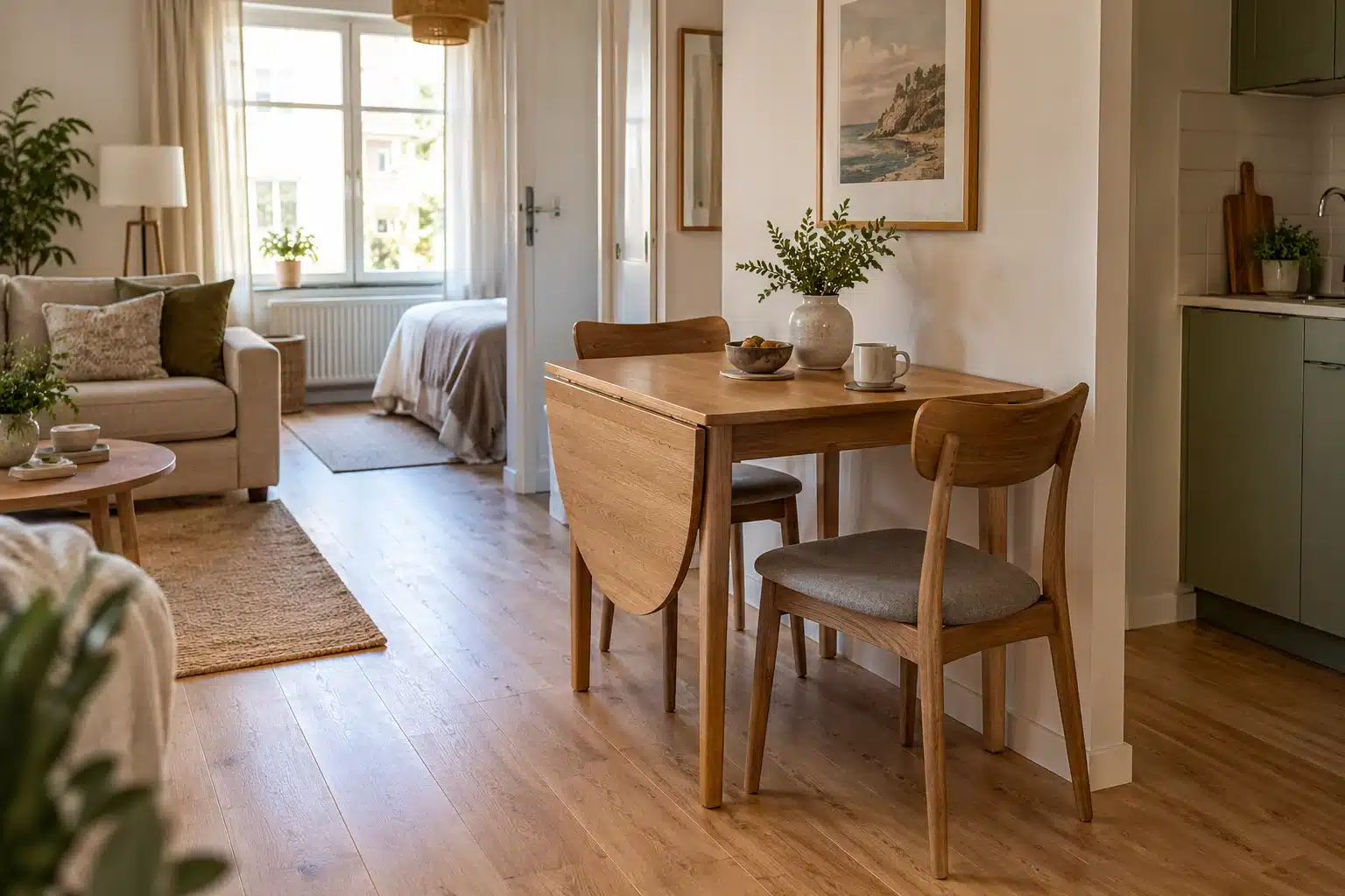 Illustration of studio apartment dining ideas with a compact drop-leaf table and two chairs beside a sofa