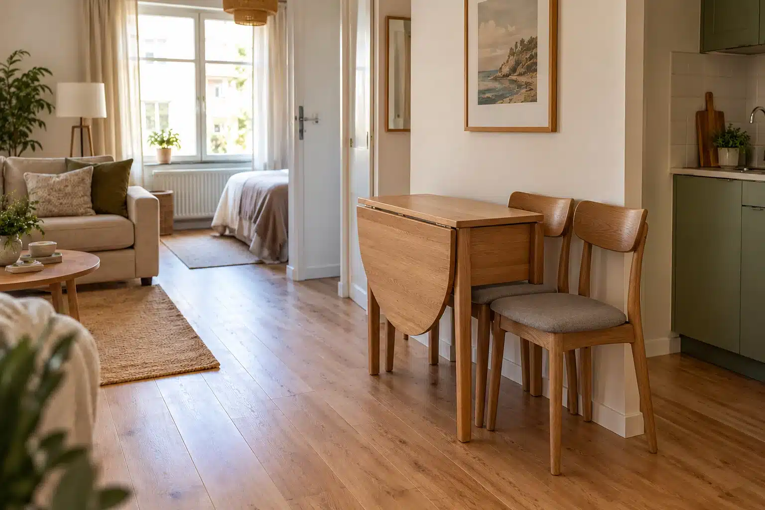 Illustration of the same studio dining table folded down with its chairs stored nearby