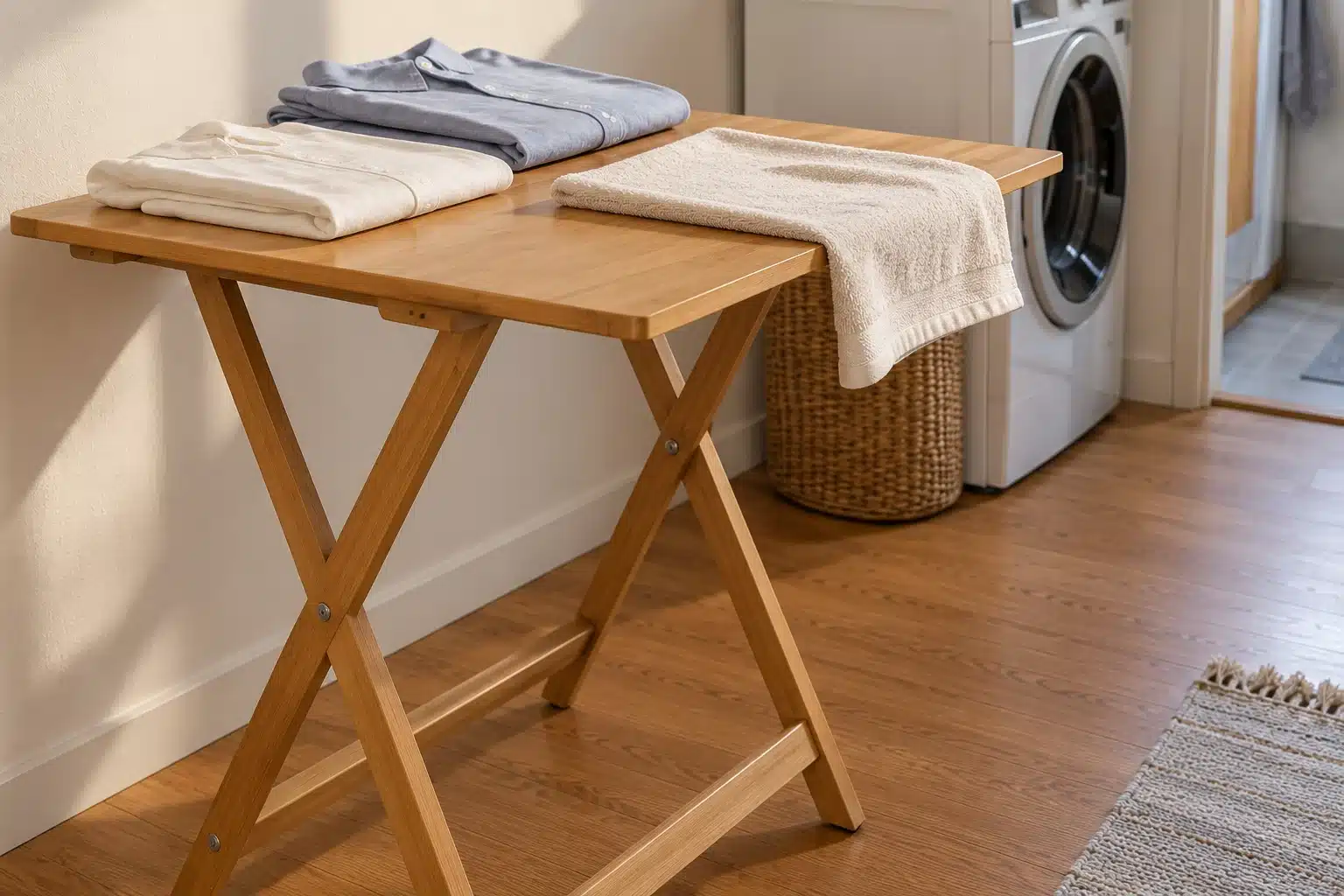 Illustration of folded clothes occupying an independent temporary laundry table