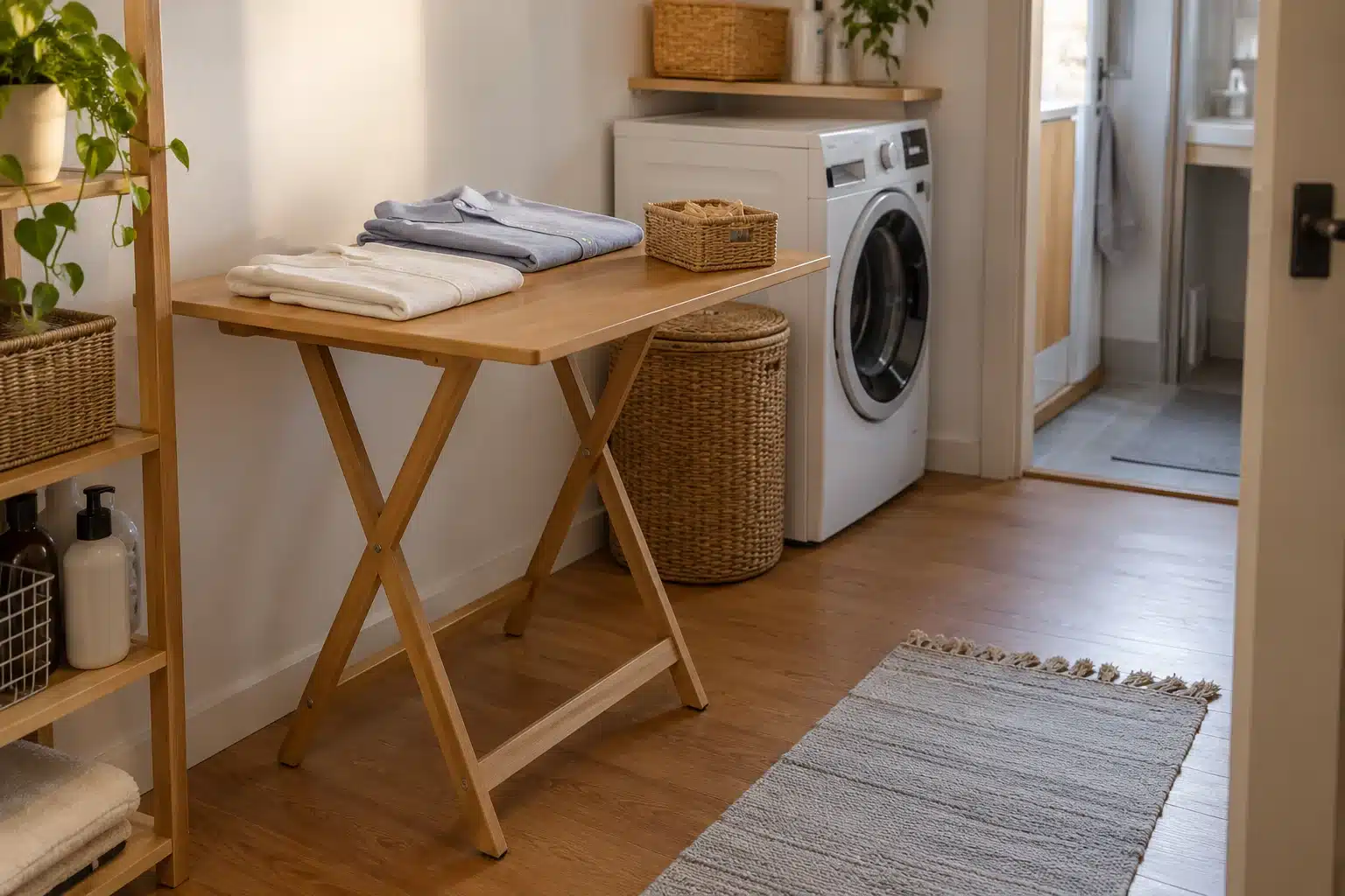 Illustration of a small laundry folding station on an independent table beside a laundry area