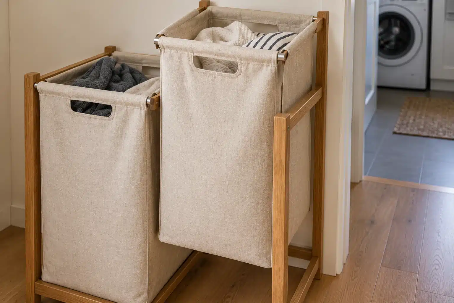 Illustration of removable laundry sorting bags in a narrow hamper frame