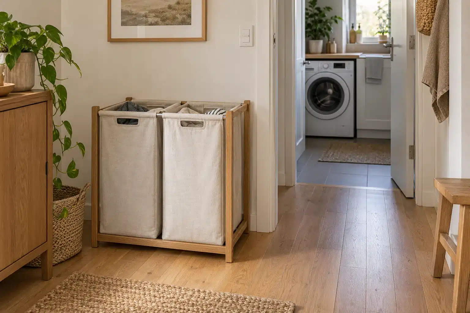 Illustration of laundry basket storage for small spaces with two compact sorting hampers
