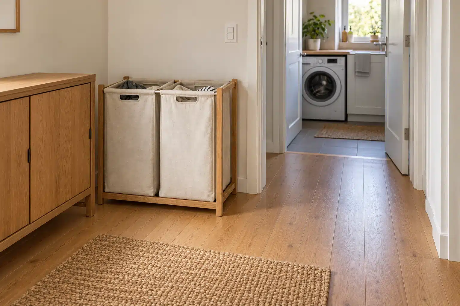 Illustration of sorting hampers parked beside a clear apartment route