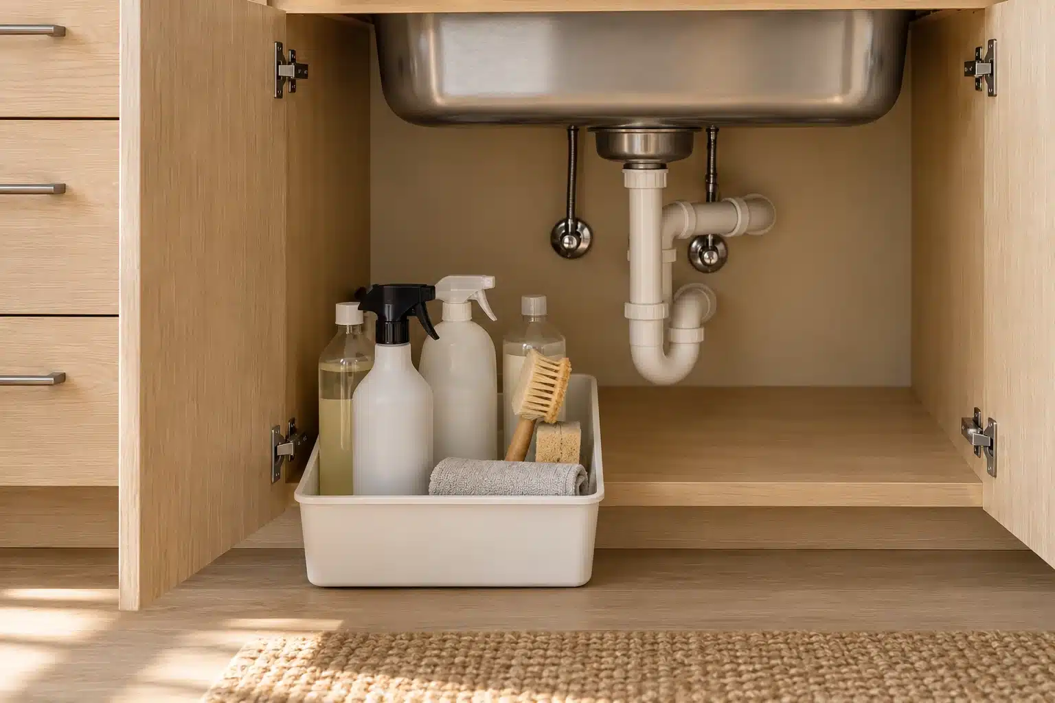 Illustrated removable cleaning-supply bins on a kitchen sink cabinet base