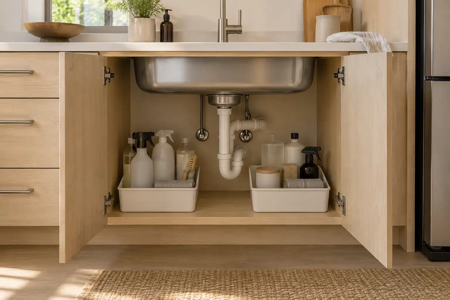 Illustration of under-sink kitchen organization with bins beside exposed plumbing