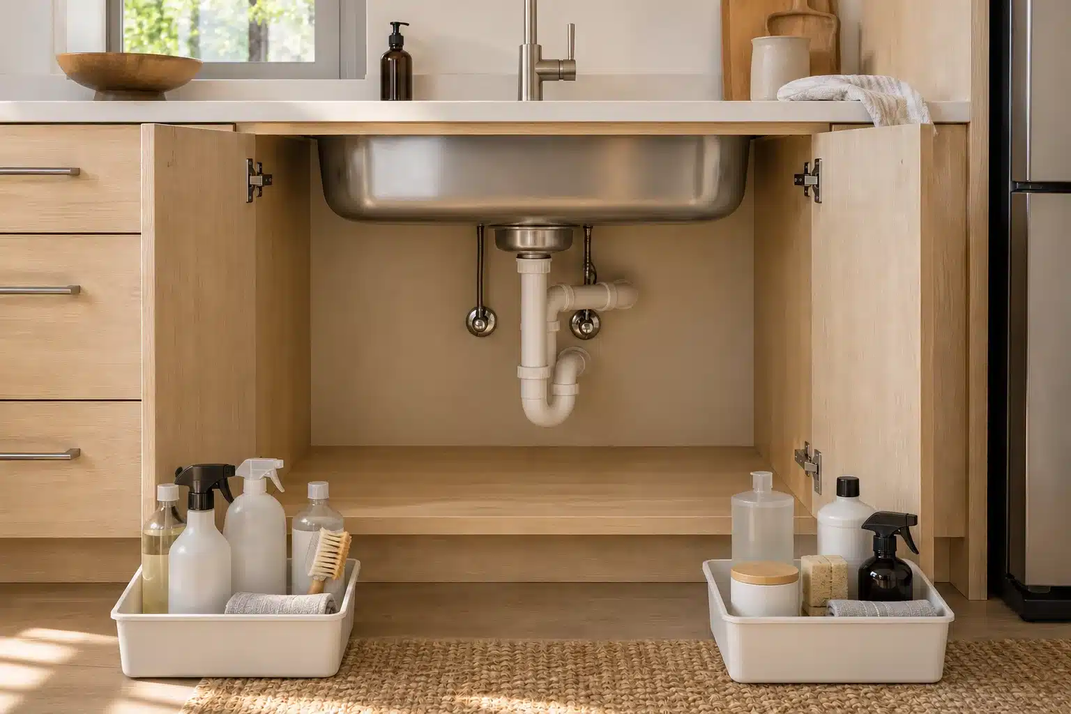 Illustration showing reachable water shutoff valves inside a kitchen sink cabinet