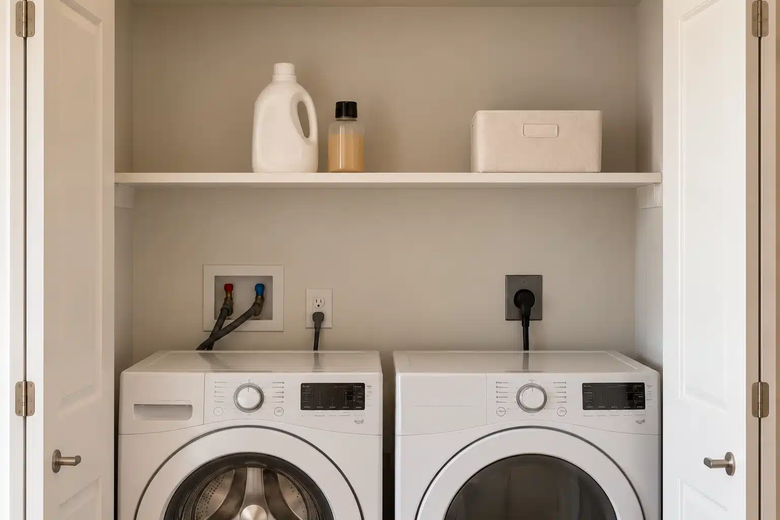 Illustration of laundry supplies and a fabric bin on a reachable laundry closet shelf