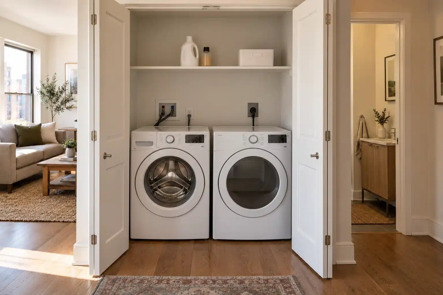 Illustration of small laundry closet storage with open doors and a separate supplies shelf