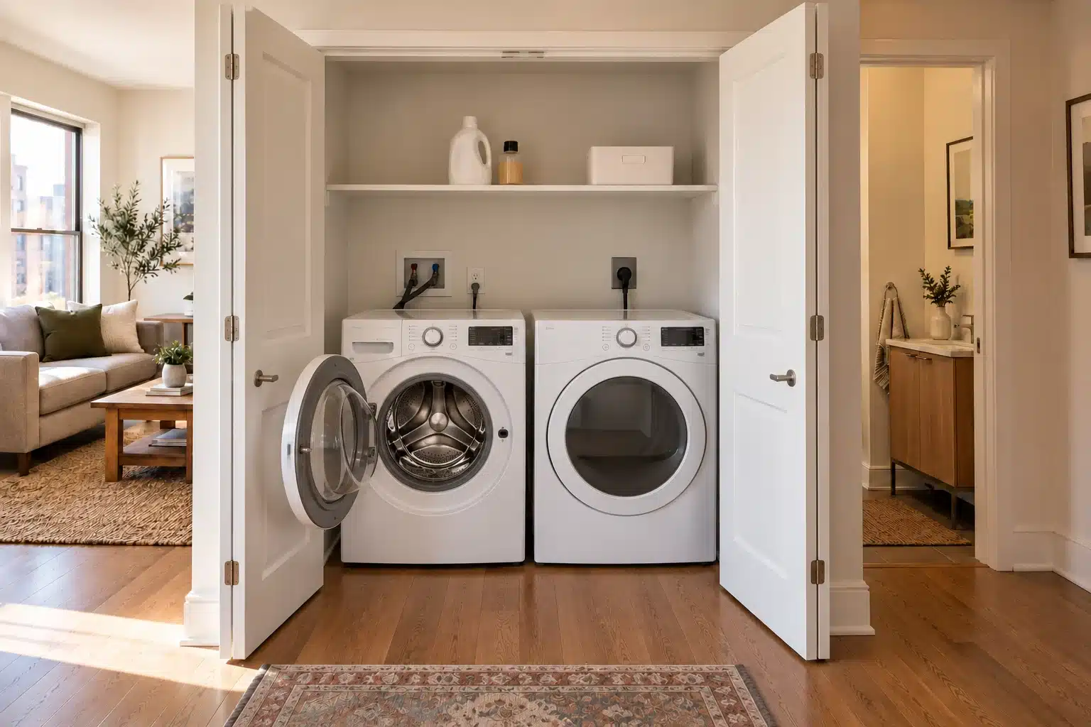 Illustration of laundry closet doors open beside a clear carrying route