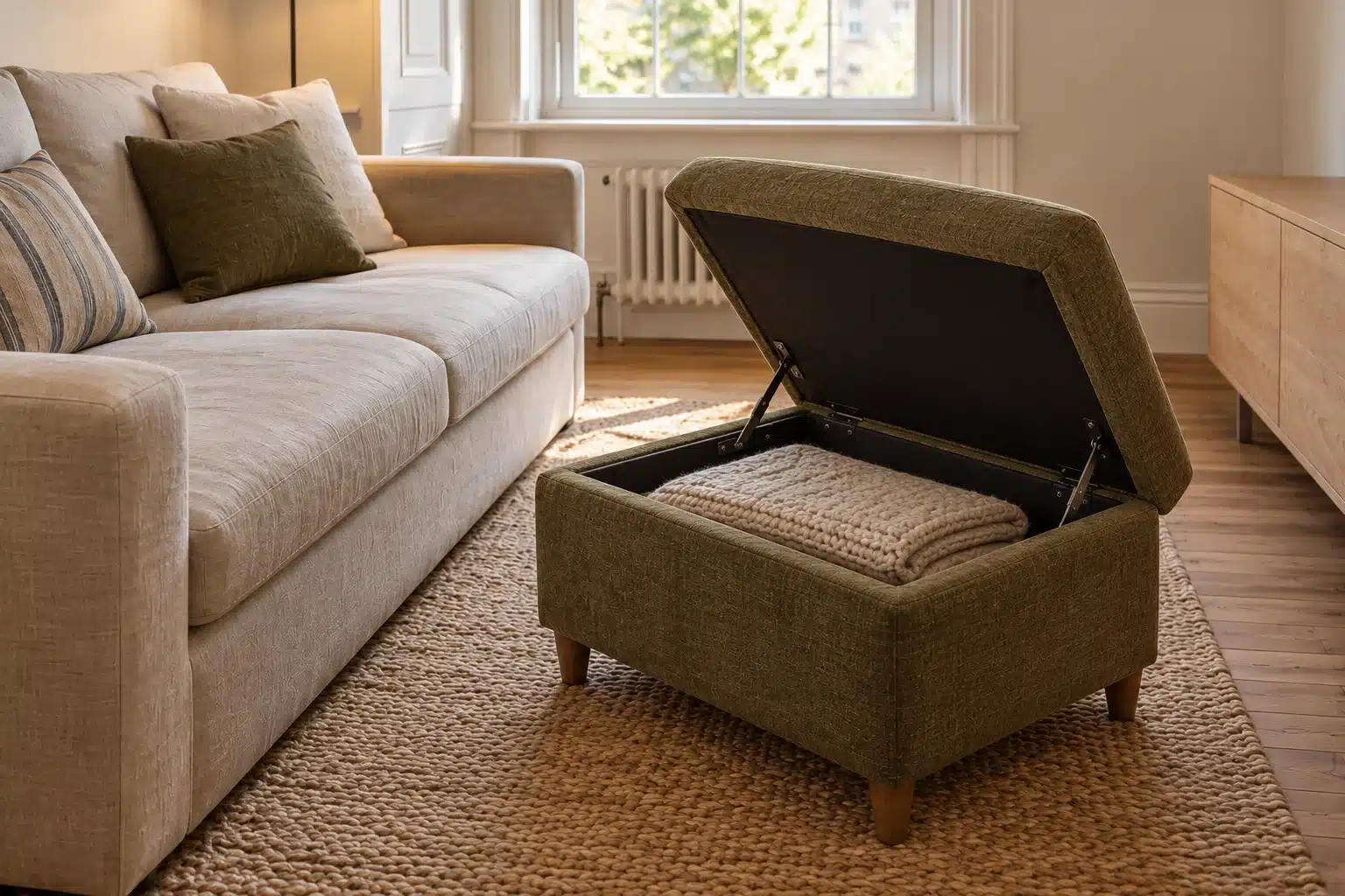 Illustration of an open storage ottoman containing a folded blanket beside living-room seating