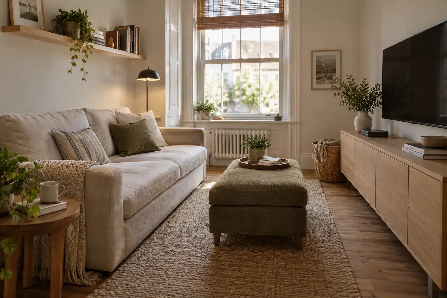 Illustration of small living room storage with a closed media cabinet opposite a compact sofa