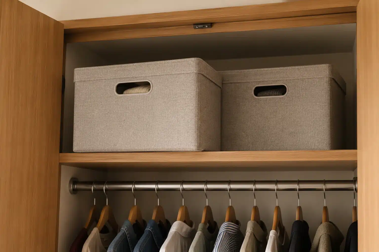 Illustration of lightweight seasonal containers on an upper closet shelf with space to remove them