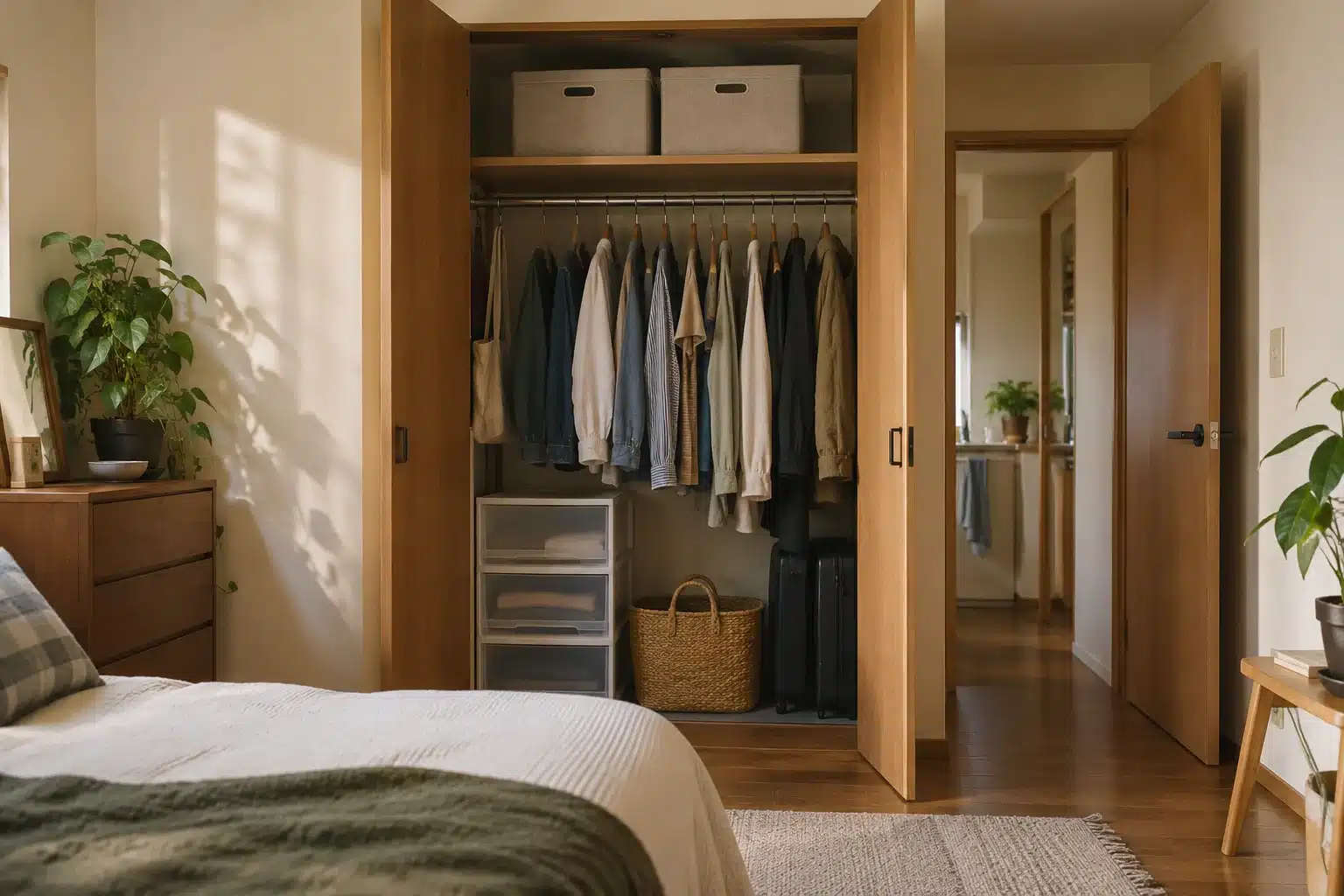Illustration of seasonal storage in a small apartment with fabric bins on a wardrobe shelf